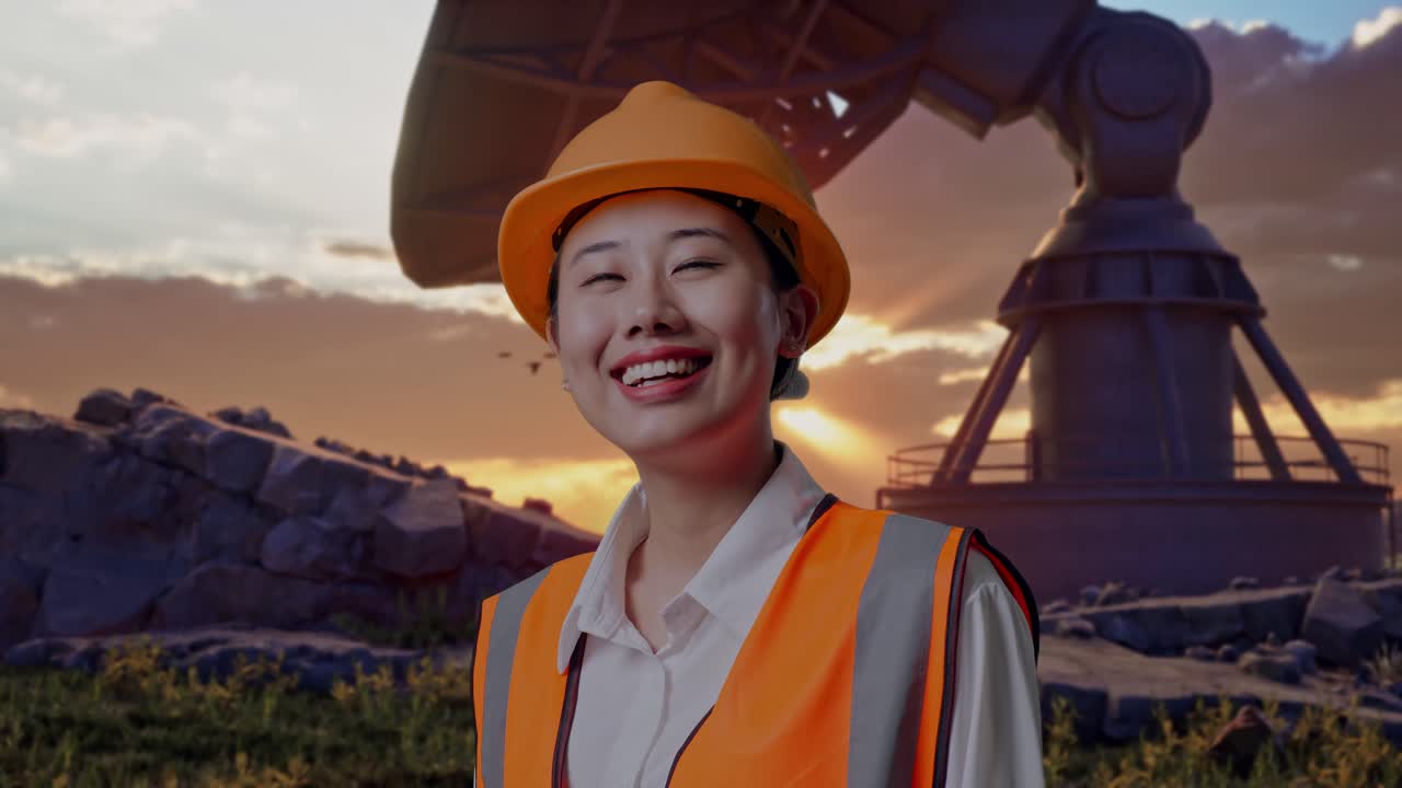 Close Up Side View Of Asian Female Engineer With Safety Helmet Looking Around While Standing With Large Satellite Dish