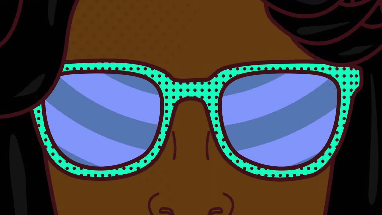 Animation of woman wearing glasses over background with blue circles