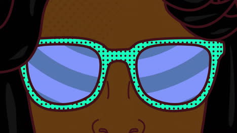 animation of woman wearing glasses over background with blue circles