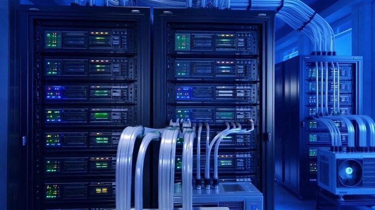 Modern Data Center Server Room with Liquid Cooling Systems
