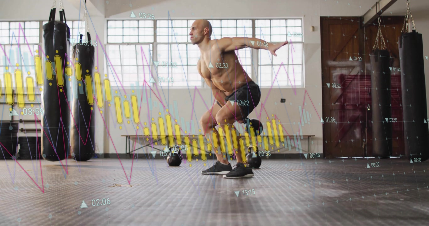 Man gripping kettlebell and performing single-arm clean swing press for strength training in gym