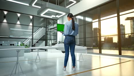 mujer trabajando en una presentación de drones en una oficina moderna