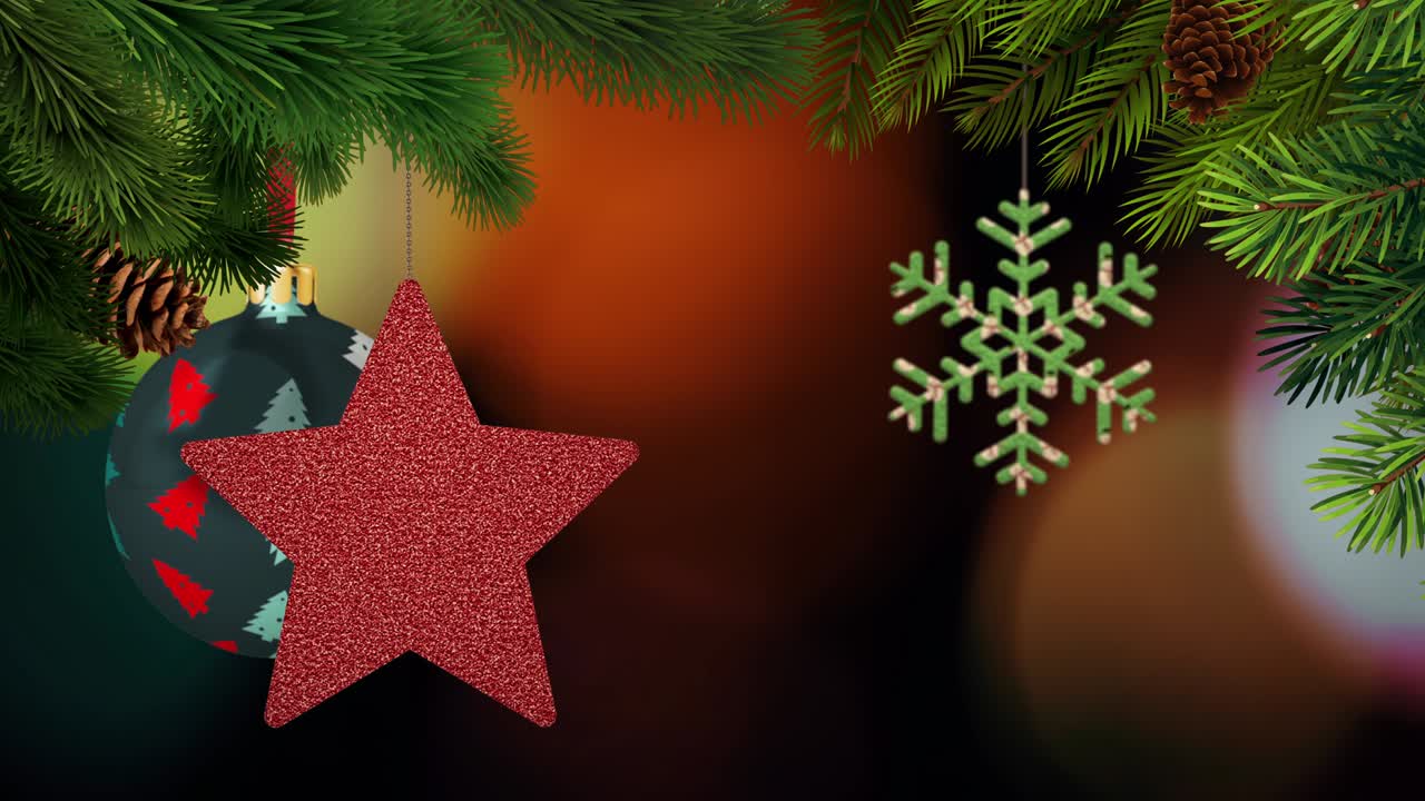 los adornos de navidad y los pinos se balancean en un fondo bokeh en bucle