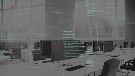 animación de símbolos abstractos y procesamiento de datos contra una oficina vacía.