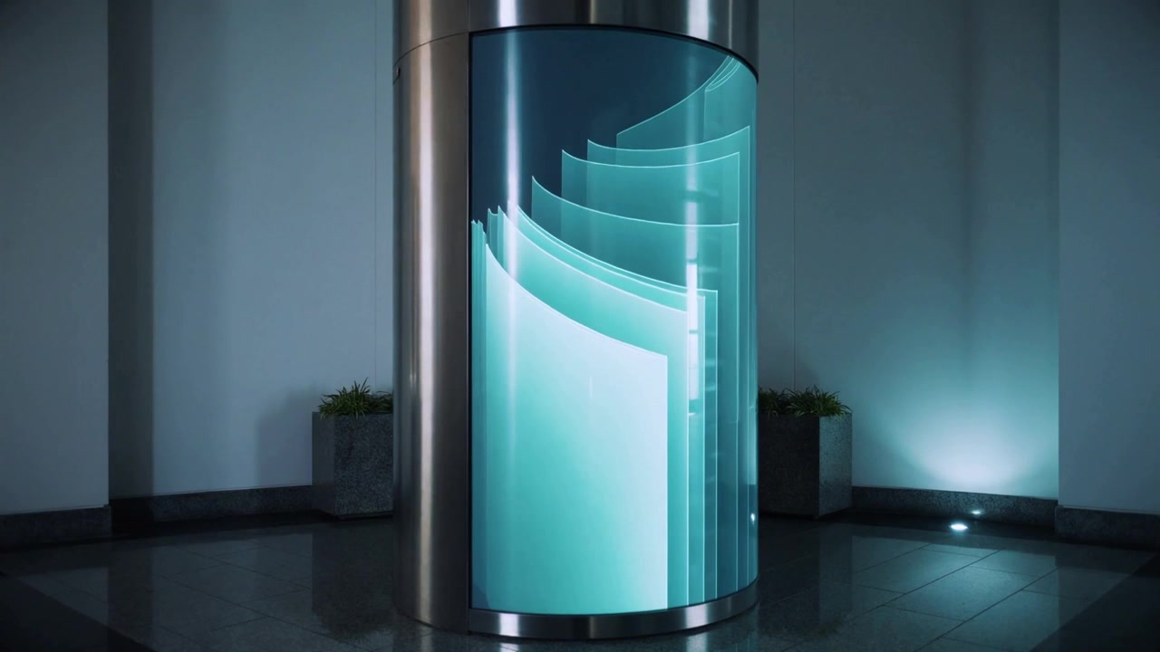 Animazione di un display cilindrico nella hall con una sfumatura verde acqua, pannelli che si alzano e si avvolgono a spirale per suggerire una piegatura.