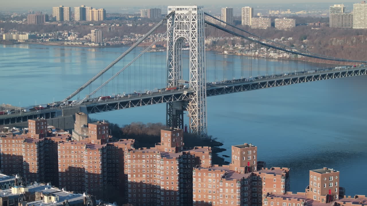 Aerial view of the George Washington Bridge. Shot along The Hudson River in Washington Heights.