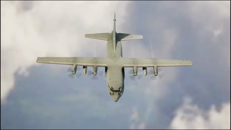 military airplane flying through clouds background. war concept. 3d video animation