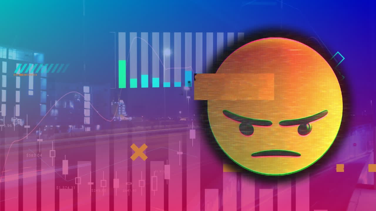 Animation of emoji icon and data processing over cityscape