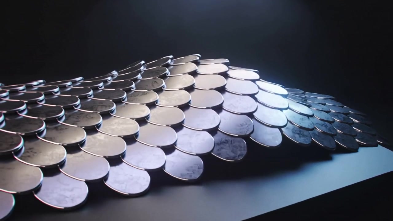 Subtle ridge starting metallic panel lifting linked discs on dark pedestal, shifting spotlight glow