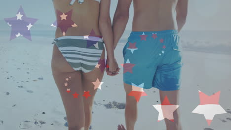 Holding-hands,-couple-walking-on-beach-with-summer-vacation-animation