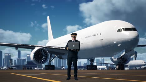 cuerpo lleno de piloto de hombre asiático sonriendo y usando una computadora portátil mientras está de pie en el aeródromo con el avión en el fondo