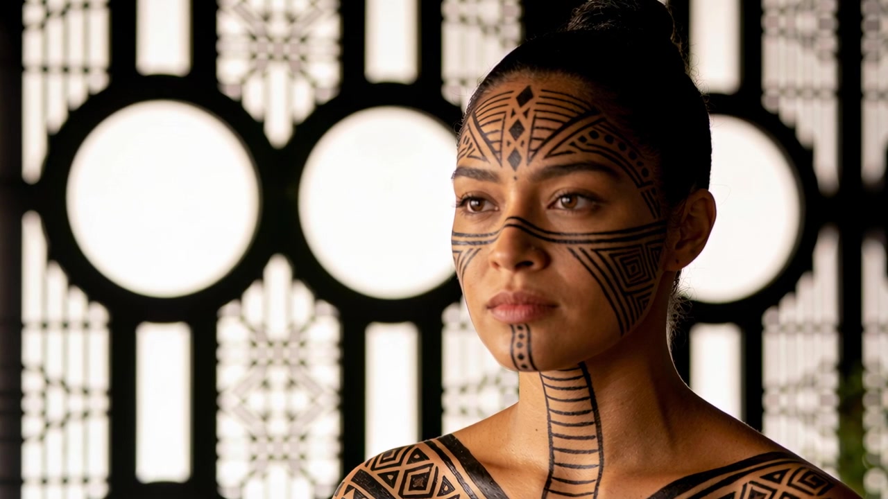 Femme tatouée maintenant une pose, les yeux clos en pleine réflexion dans une pièce avec un treillis, épaules nues.