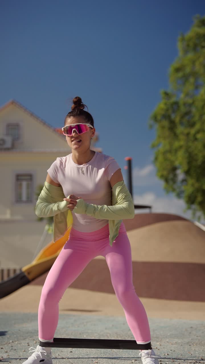 Woman Doing Resistance Band Exercises in a Playground