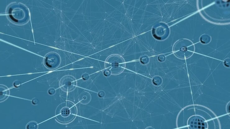 Animazione di rete di connessioni e icone digitali su sfondo blu