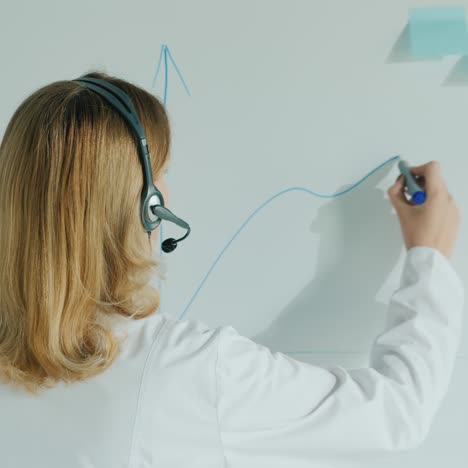 a female doctor with a headset speaks and draws a graph on a board