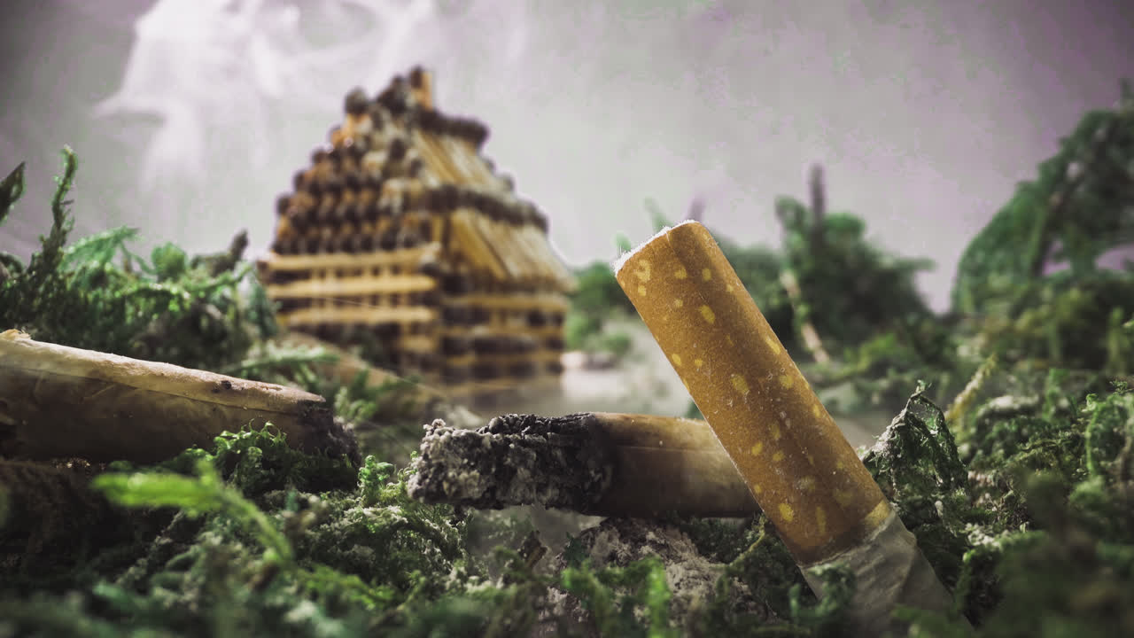 escenario con cigarrillos contra la casa en el humo en la madera