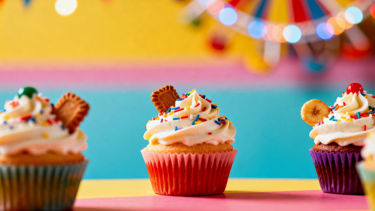 Telecamera che si muove in avanti e sposta la messa a fuoco su un cupcake centrale su un tavolo a strisce, con un'ambientazione carnevalesca.