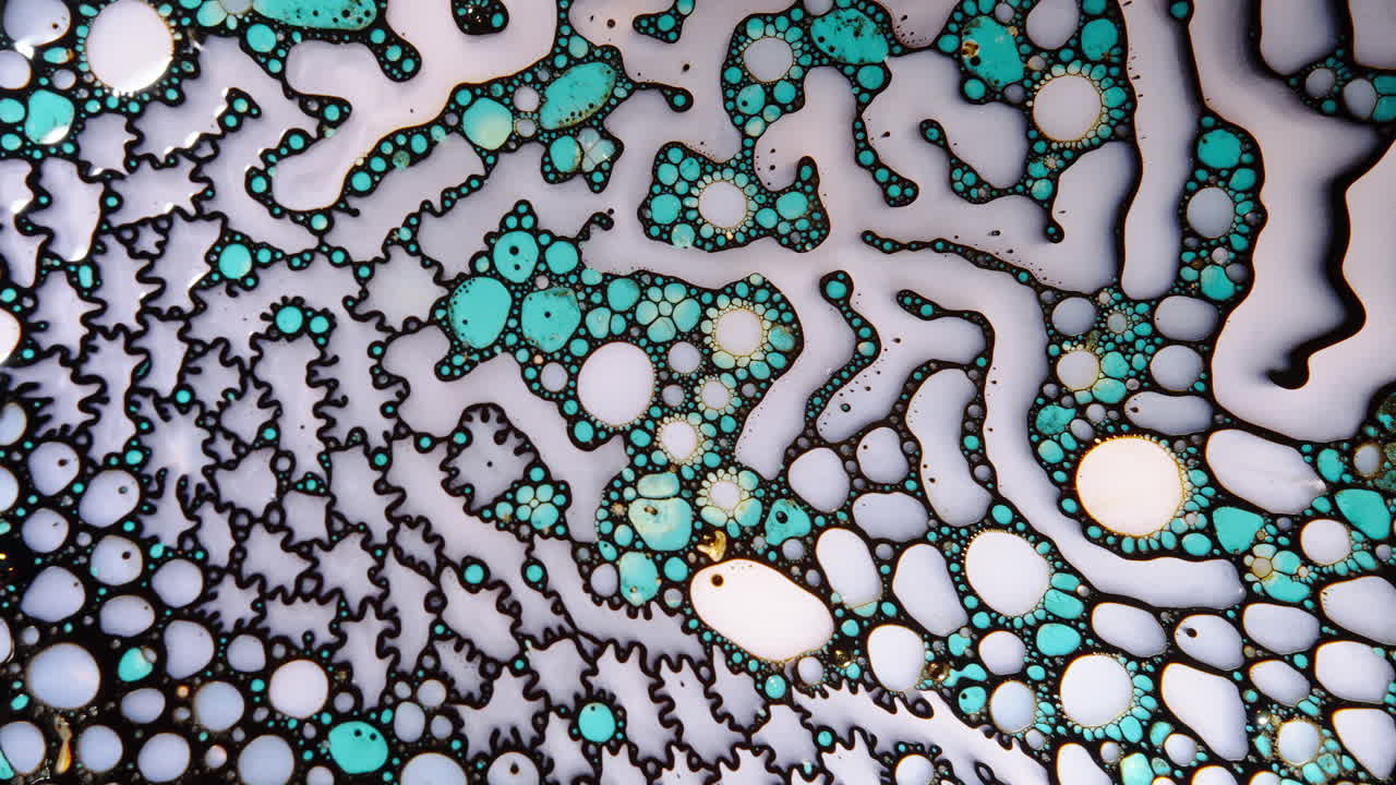 Abstract macro shot of fluid patterns with black, white, and turquoise colors blending