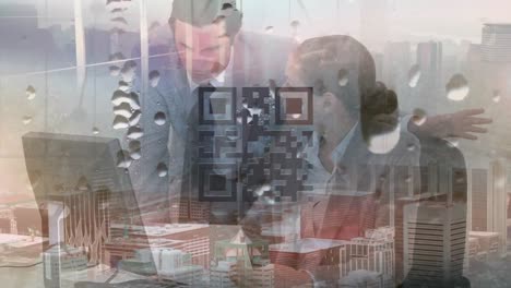 Animation-of-qr-code-over-caucasian-business-people-in-office