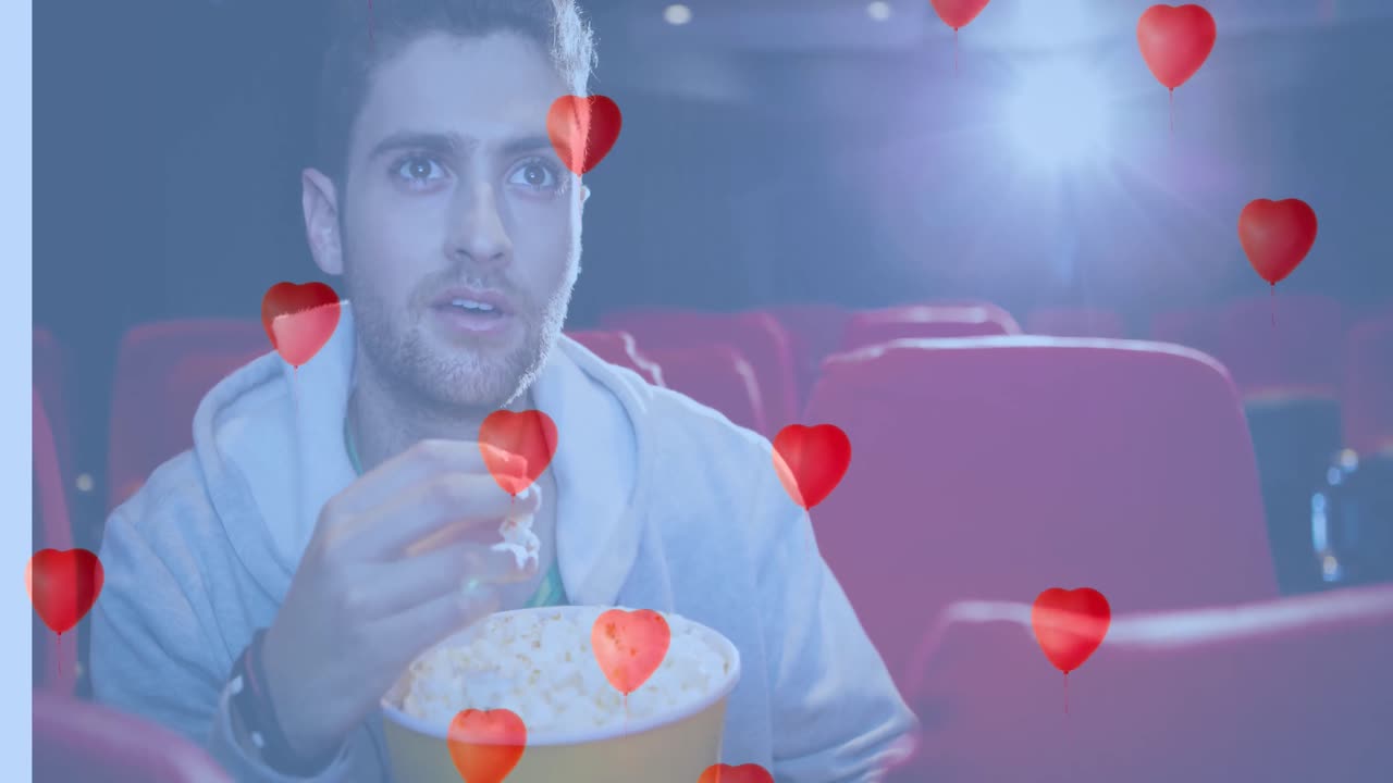 animación de iconos de corazón sobre un hombre caucásico comiendo palomitas de maíz en el cine