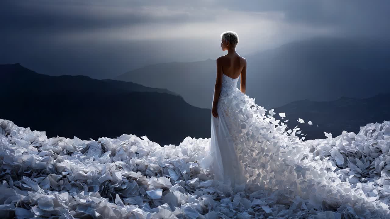 A serene figure clad in an ethereal white gown stands amidst a surreal landscape of crumpled paper, evoking a sense of tranquility and introspection against a dramatic backdrop