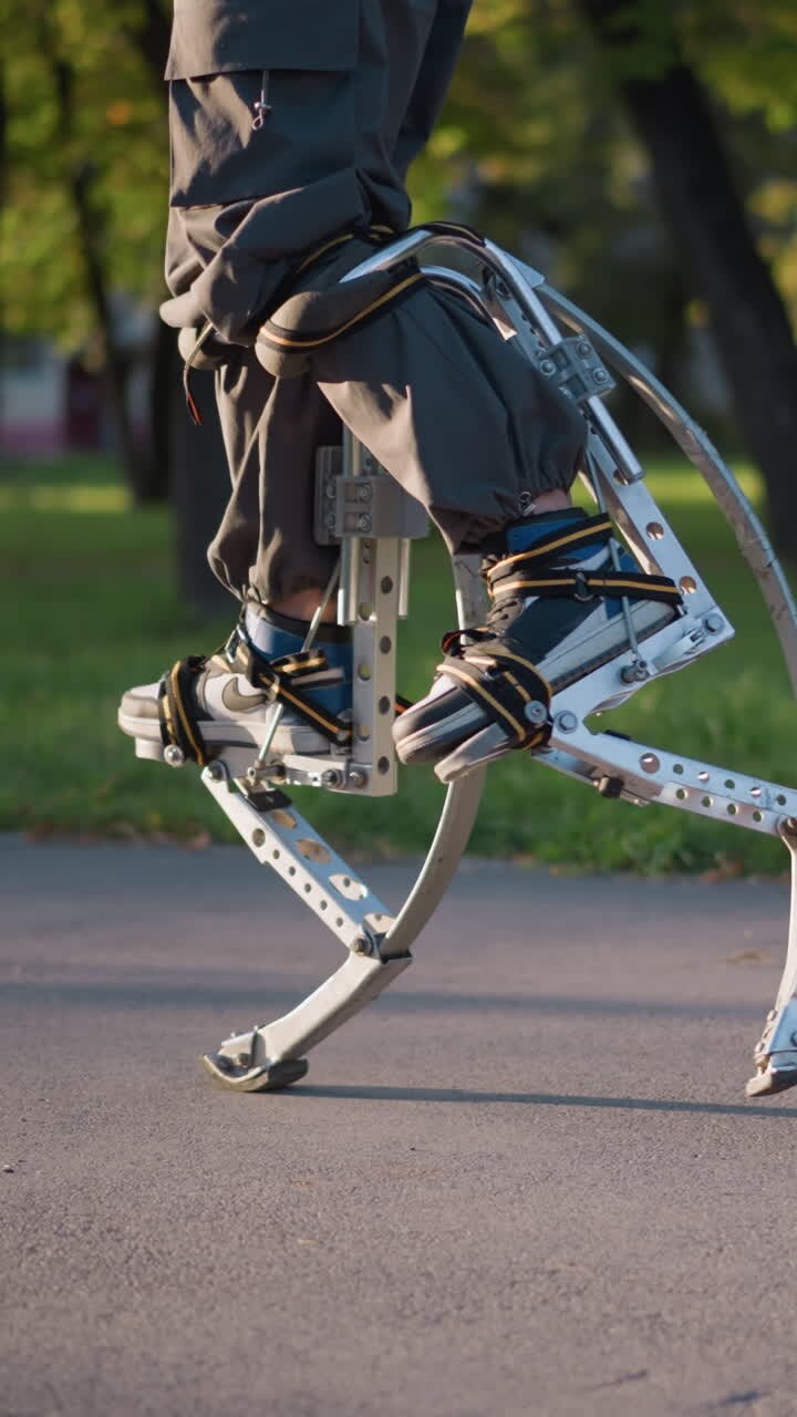 Legs of man using spring stilts while walking on paved path in sunny park, wearing dark gray pants. Low camera angle focuses on dynamic movement, highlighting stilts and vibrant outdoor scenery
