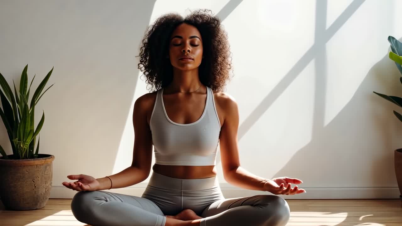 Güneşli bir odada meditasyon yapan bir kadının önden açıyla çekilmiş sakin bir videosu.