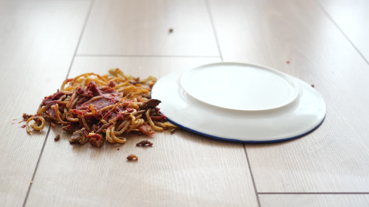 바닥에 스파게티를 흘렸어