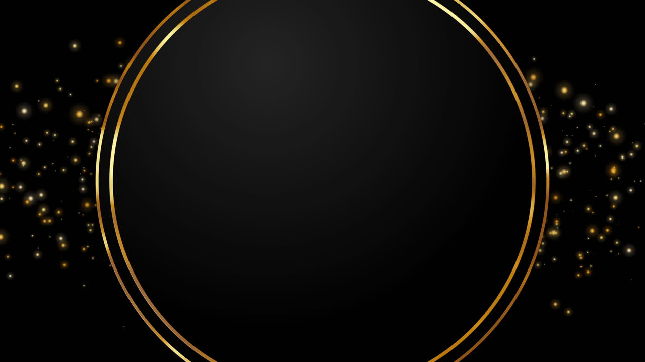 Golden rings on black background with shiny small particles flying. Animated looping screensaver with empty space for text in center. Festive greeting card.