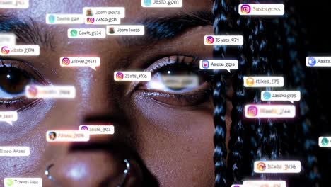 social media feed overlaid on face
