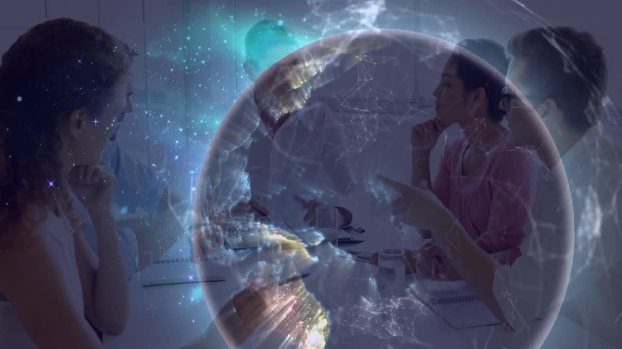 animación del globo y formas sobre diversas personas de negocios en la oficina