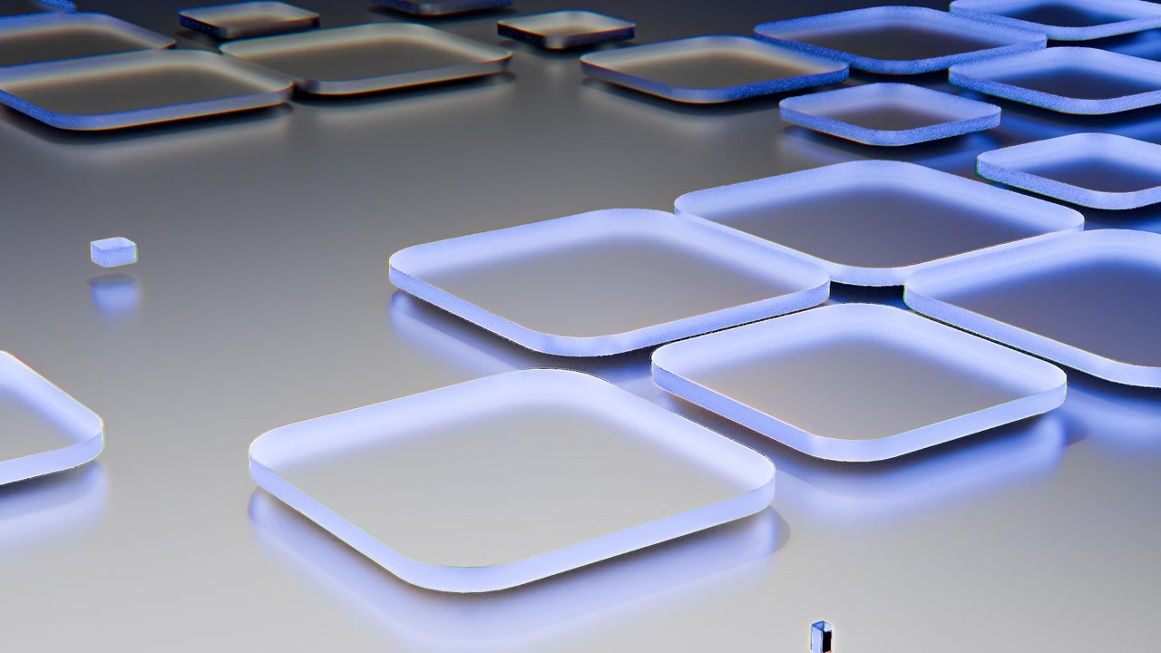Rows of rounded white trays with soft blue edge lighting are arranged in a clean geometric pattern on a glossy metallic surface, seen from a shallow overhead