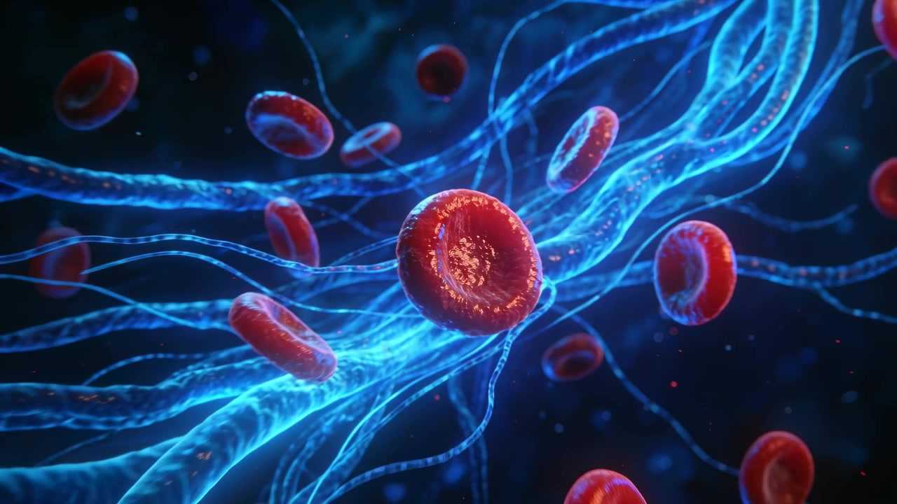 Globulo rosso rotante alla deriva in un vaso mentre la telecamera si allontana, mostrando il flusso attraverso fibre blu.
