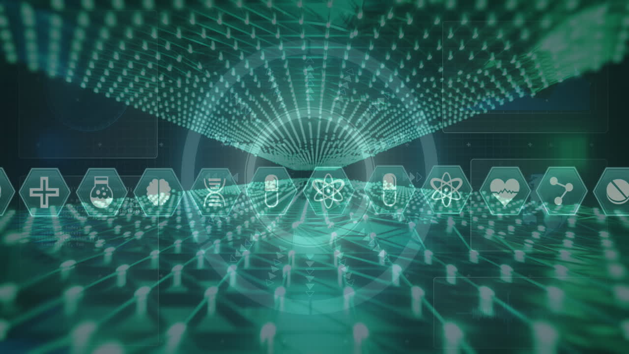 범위의 애니메이션, 스크롤 의료 아이콘 및 빛나는 불빛의 네트워크를 통해 데이터 처리