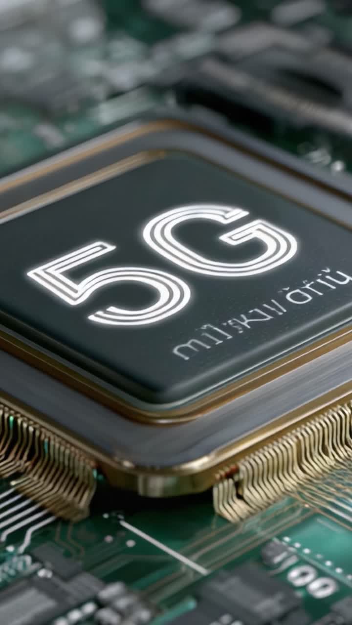 Close-up Shot of a 5G Processor Chip on a Motherboard, Highlighting the Advances in Technology and Connectivity, Showcasing the Potential of Next-Gen Communication Networks