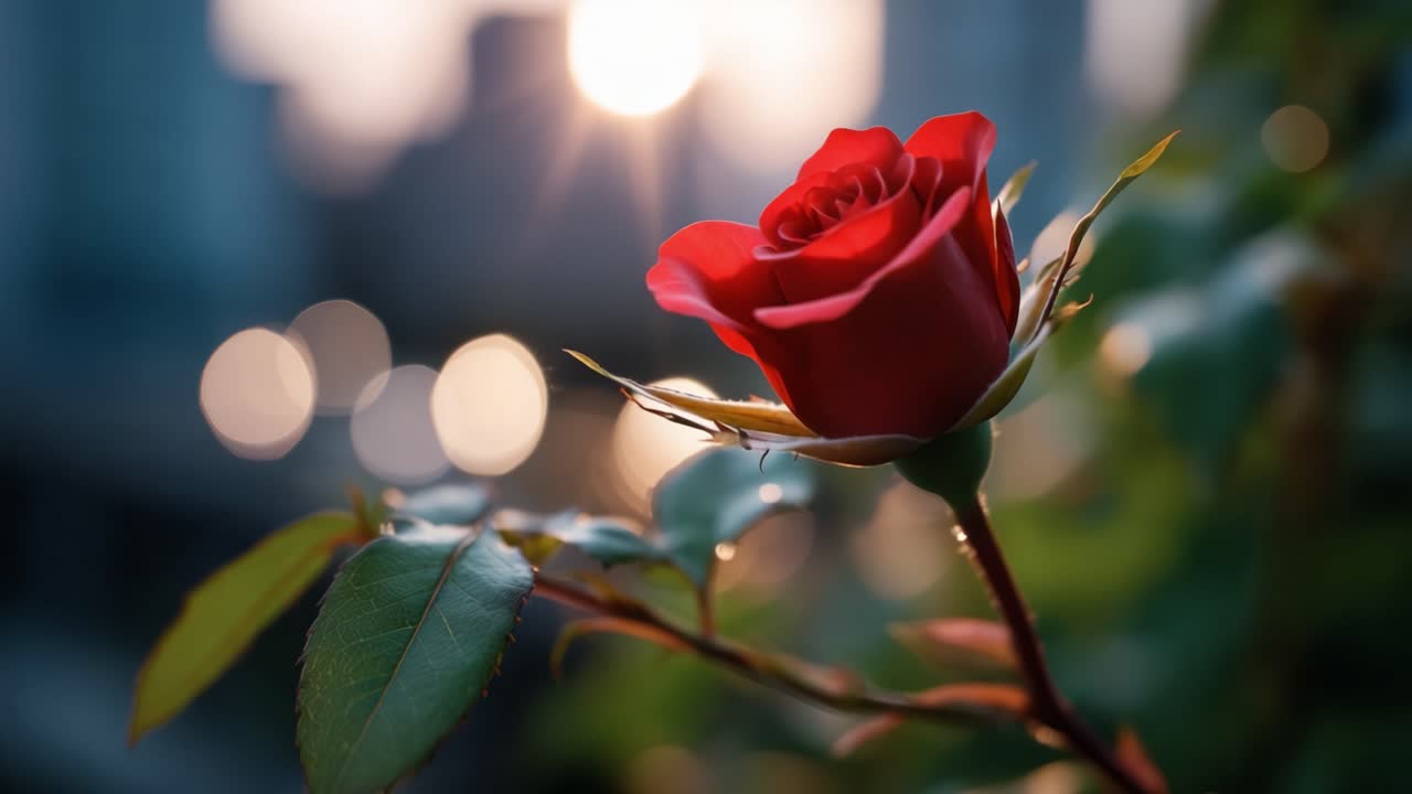 Beautiful Blooming Rose in Sunset Light, Capturing the Essence of Nature's Beauty with Vibrant Colors and a Soft Background of City Sounds and Glimmers