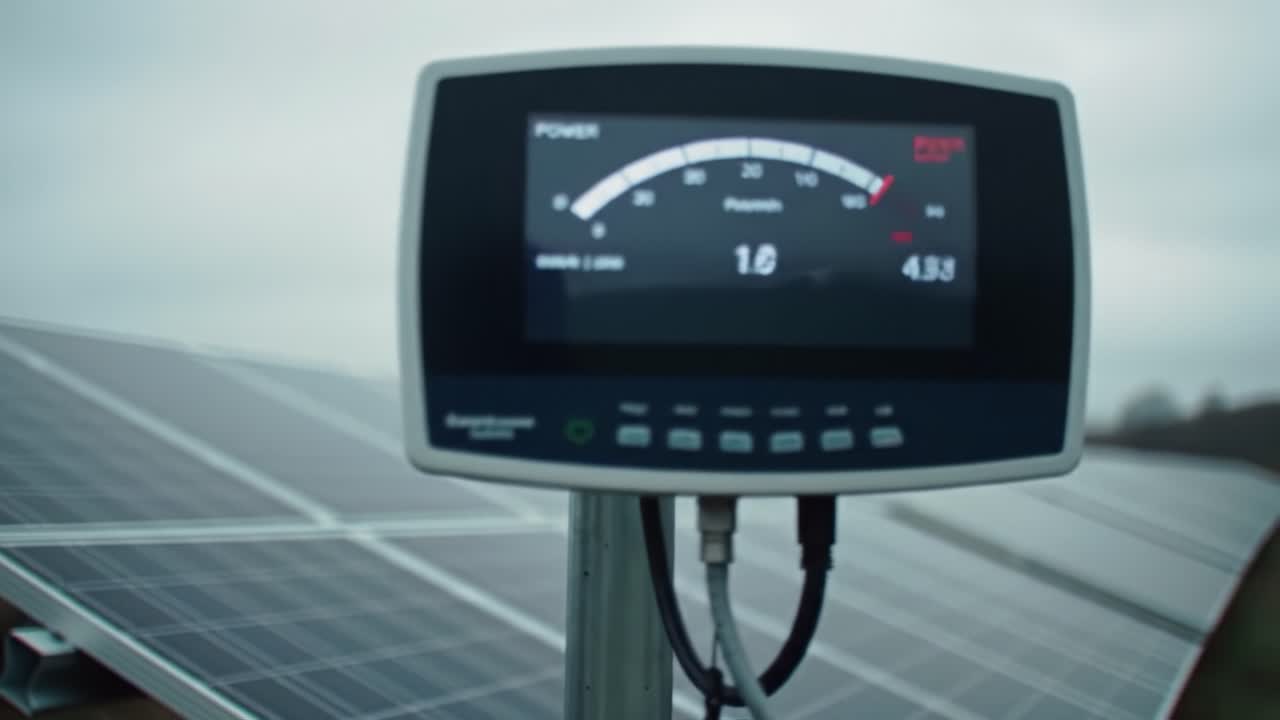 Monitoring Solar Energy Output: A Close-up Perspective on Power Generation from Photovoltaic Panels with Data Display Over Time