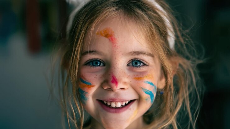 Un bambino gioioso con pittura colorata sul viso sorride vivacemente, catturando l'essenza della felicità e della creatività in un ritratto vibrante.
