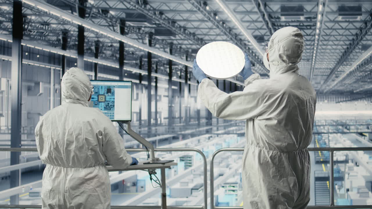 Evaluating silicon wafer prototype, engineering and team analyzing microchips