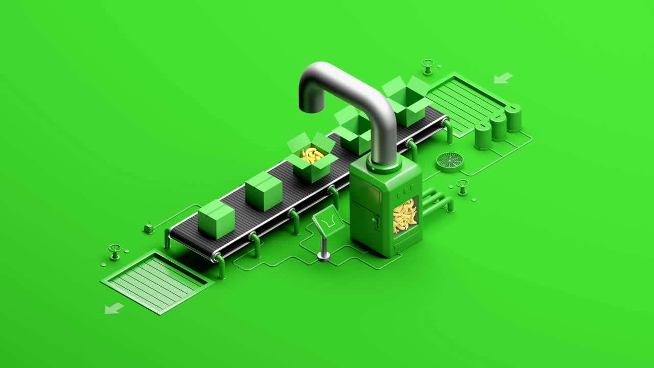 заводский конвейер перемещает банановые коробки на зеленом фоне. из металлической трубы лиются сочные фрукты. 3d бесшовная цикла анимация.