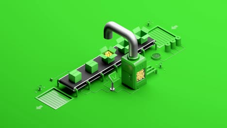 el transportador de la fábrica mueve cajas de plátano en el fondo verde. de la tubería de metal vierte frutas jugosas. animación de bucle sin costuras 3d.