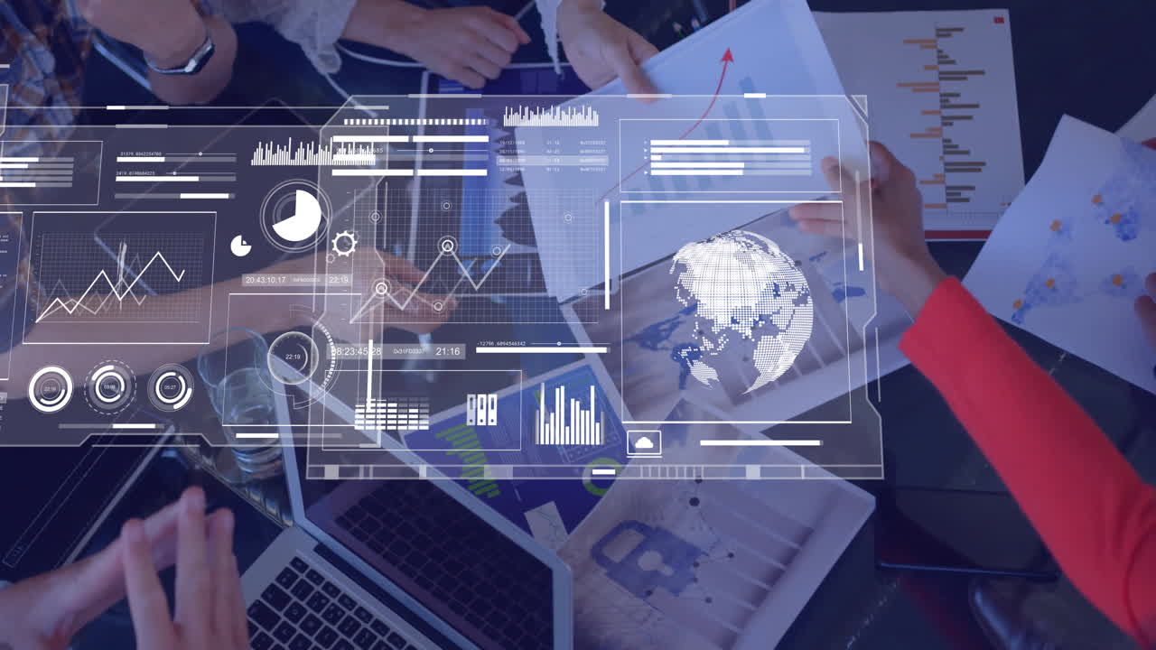 Animation of financial data processing over diverse business people in office
