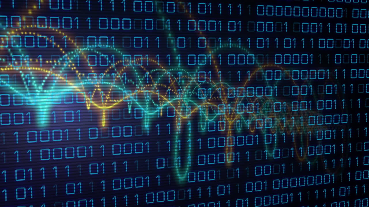 Animation of binary coding data processing with glowing neon light trails