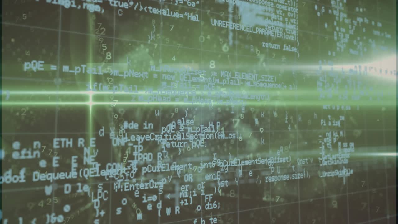 Animation of data processing and green light trails over grid network against grey background