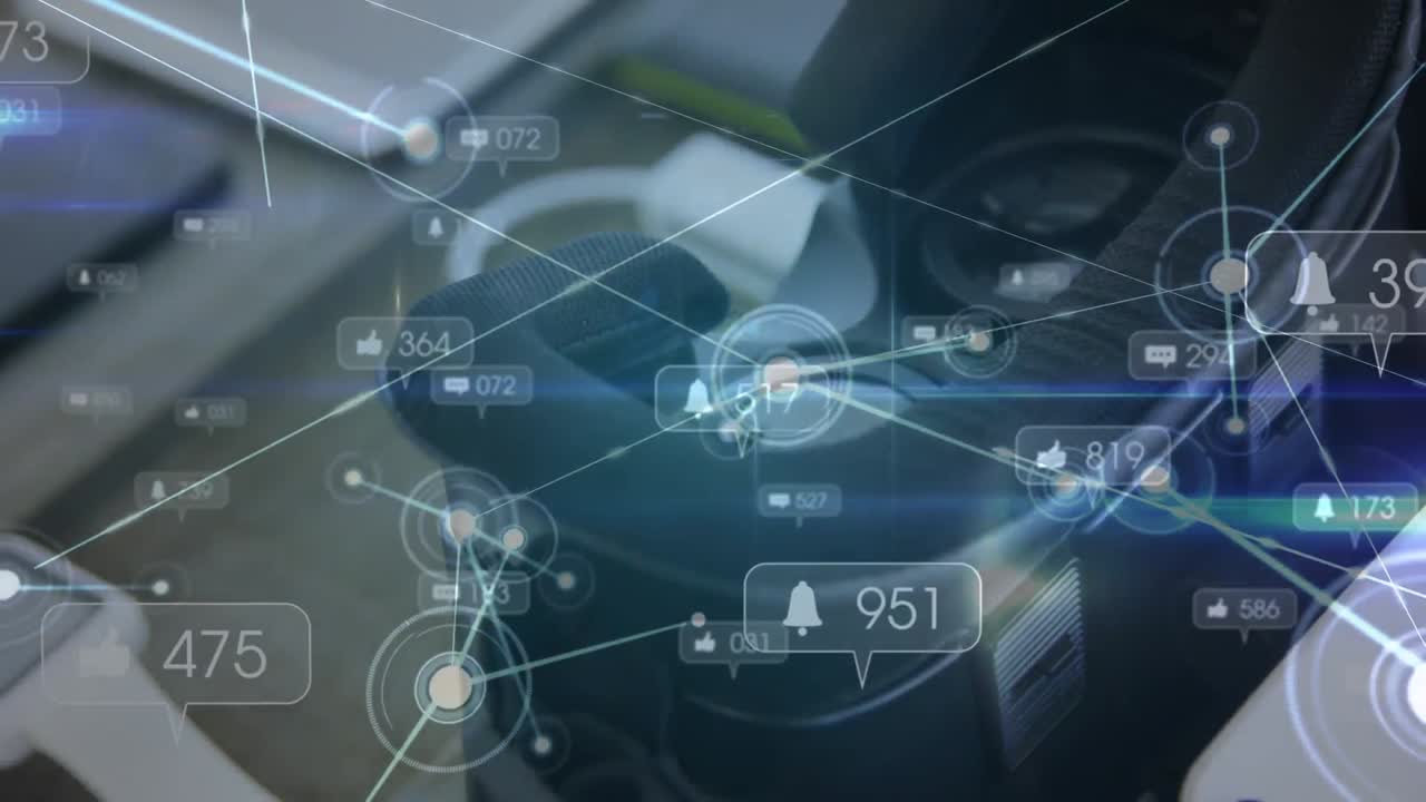 Animazione di rete di connessioni su visore VR