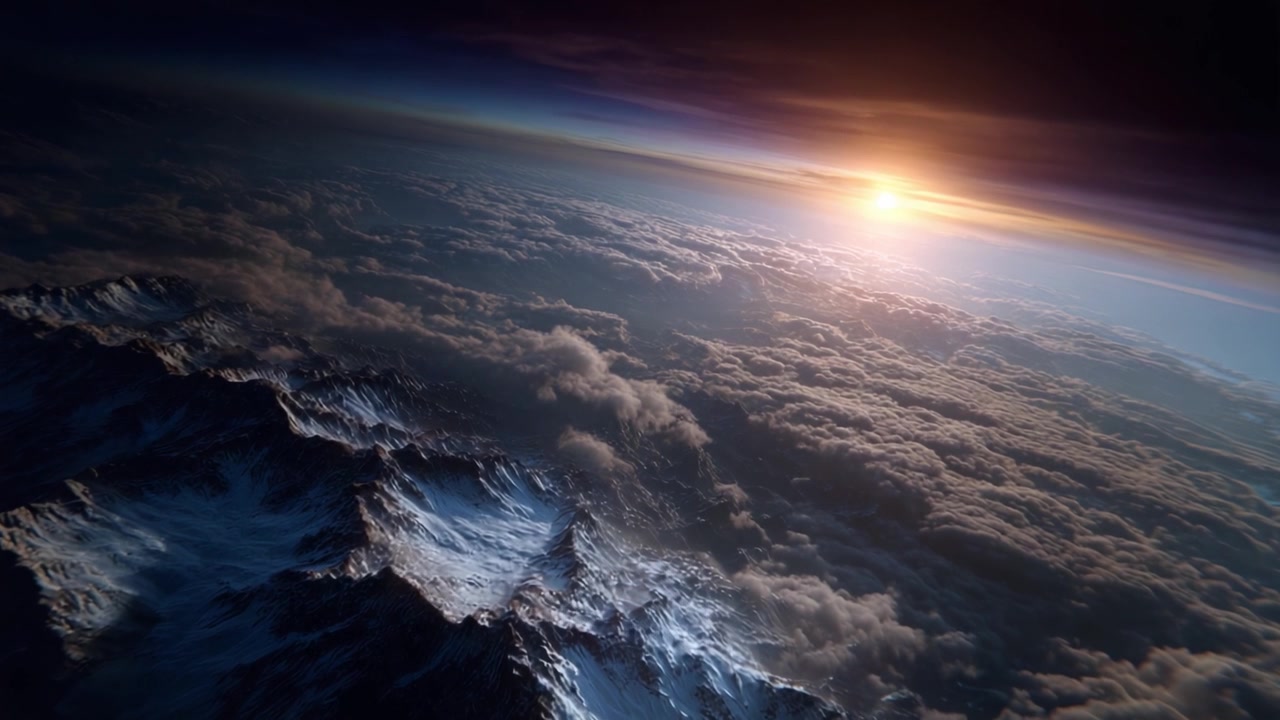 Impresionante vista aérea de picos montañosos bajo un hermoso amanecer sobre un mar de nubes, capturando la esencia de la majestuosa belleza y serenidad de la naturaleza.