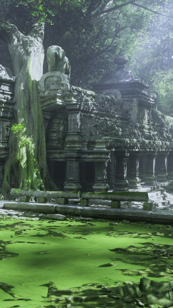 Ancient temple ruins nestled in a mystical forest with vibrant greenery