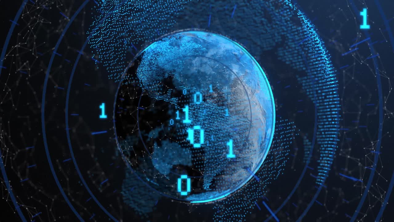 Animation of binary coding and network of connections over globe against blue background