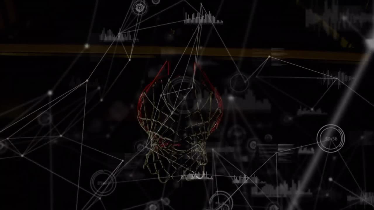 animación de procesamiento de datos y redes de conexiones sobre jugador de baloncesto masculino de raza mixta