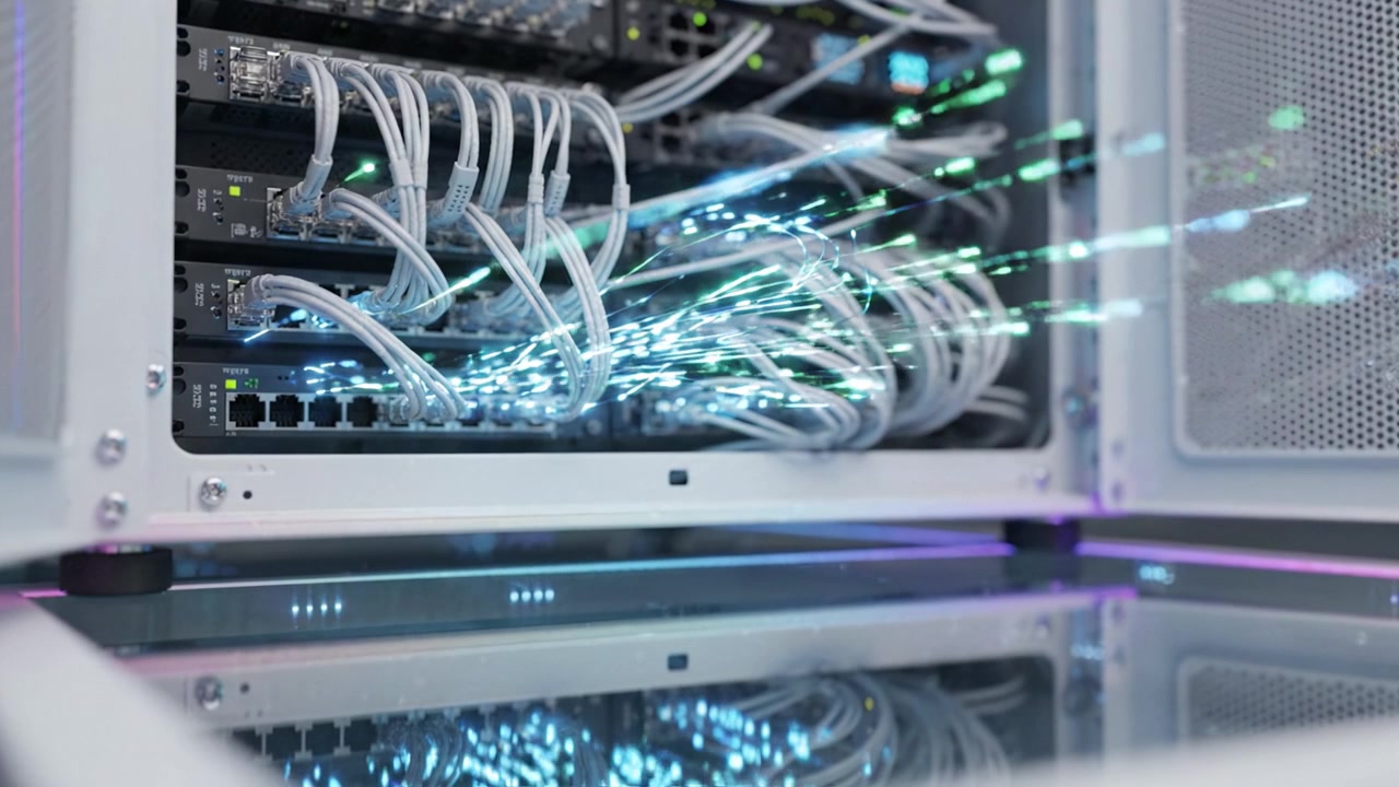 A close-up view of a high-tech server rack showcasing intricate cable management and illuminated components, highlighting cutting-edge networking technology in action.